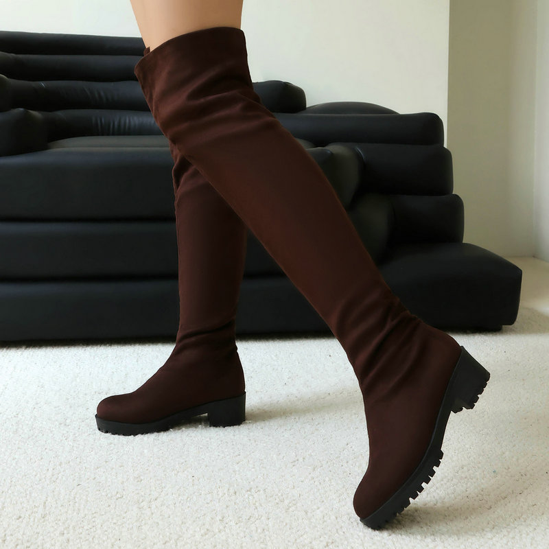 Faux Suede Leather Flock Slip- - Knee High Sock Women ulasan dan harga